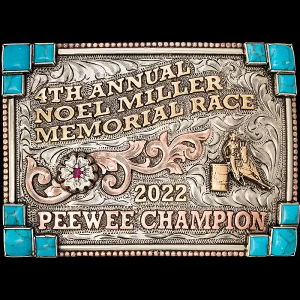 The Otter is a stunning german silver pee wee buckle with a bead and stone edge.  This beautiful buckle has twelve simulated turquoise stones, one cubic zirconia gem and jewelers bronze and copper letters.  It also has copper scrollwork, german silver flo